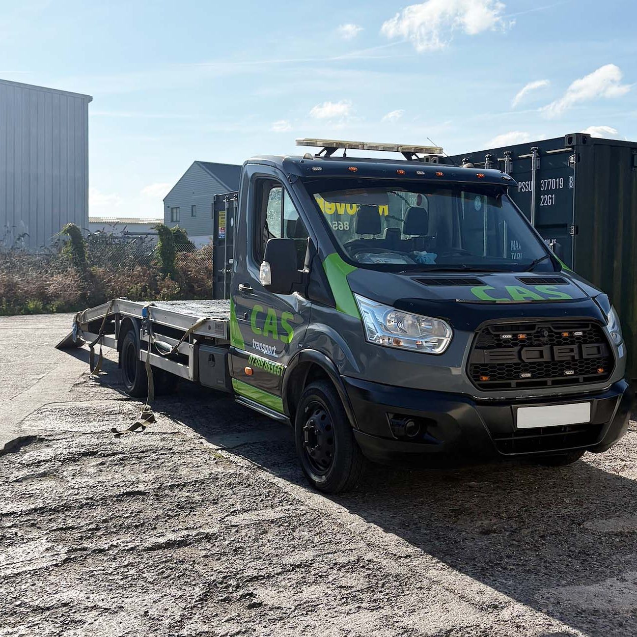 Cas Transport van parked in the yard in Cornwall
